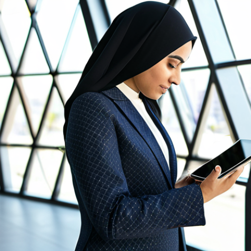 A professional Arab female entrepreneur, in a modest business suit, confidently analyzing digital marketing data on a sleek tablet in a modern, sunlit co-working space with subtle Islamic geometric patterns in the background. She is fully clothed, appropriate attire, safe for work, perfect anatomy, well-formed hands, natural proportions, professional photography, high quality.