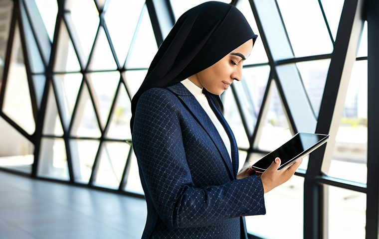 A professional Arab female entrepreneur, in a modest business suit, confidently analyzing digital marketing data on a sleek tablet in a modern, sunlit co-working space with subtle Islamic geometric patterns in the background. She is fully clothed, appropriate attire, safe for work, perfect anatomy, well-formed hands, natural proportions, professional photography, high quality.