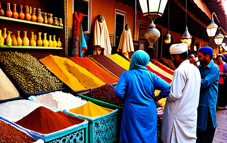 Traditional Marketing**
A bustling Souk (market) scene in Marrakech, Morocco. Vendors are displaying vibrant textiles, spices, and traditional crafts. A large, colorful hand-painted advertisement for a local tea brand hangs prominently. People in traditional clothing are interacting, engaging with the vendors. Focus on rich colors, textures, and a sense of lively activity. safe for work, appropriate content, fully clothed, professional, modest, family-friendly, perfect anatomy, correct proportions, natural pose, well-formed hands, proper finger count, natural body proportions.
**