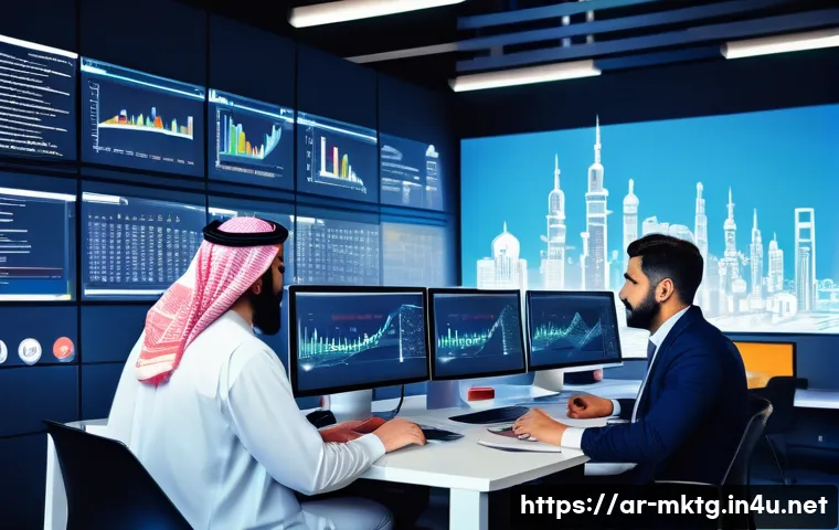 마케팅관리사 시험 대비 추천 마케팅 사례 - A vibrant digital marketing scene focused on the Arab world, featuring a diverse group of young prof...