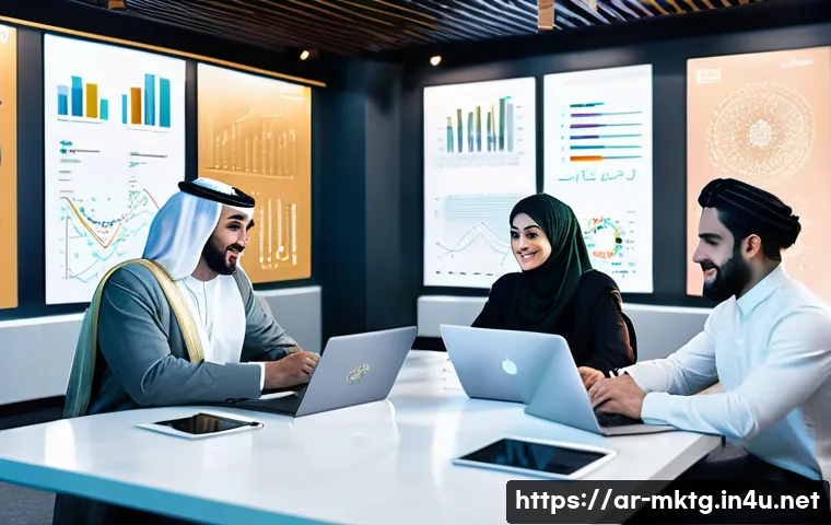 마케팅관리사 취업 가능한 직무 - A modern marketing office scene featuring a diverse team of Middle Eastern professionals collaborati...