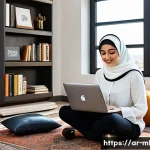 Home 22 마케팅관리사 자격증 독학 가능한가 - A modern study setup featuring an Arabic professional woman in modest business attire studying marke...