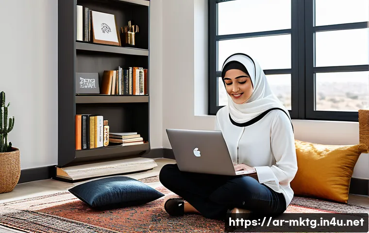 마케팅관리사 자격증 독학 가능한가 - A modern study setup featuring an Arabic professional woman in modest business attire studying marke...