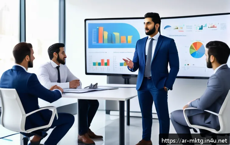 마케팅관리사 취득 후 커리어 멘토링 참여 - A professional Arab male marketing manager in his early 30s, dressed in formal business attire with ...
