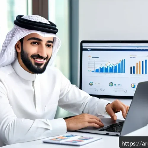 Home 32 마케팅관리사 자격증과 관련된 대학 전공 - A modern digital marketing workspace in an Arabic-speaking environment, featuring a young profession...