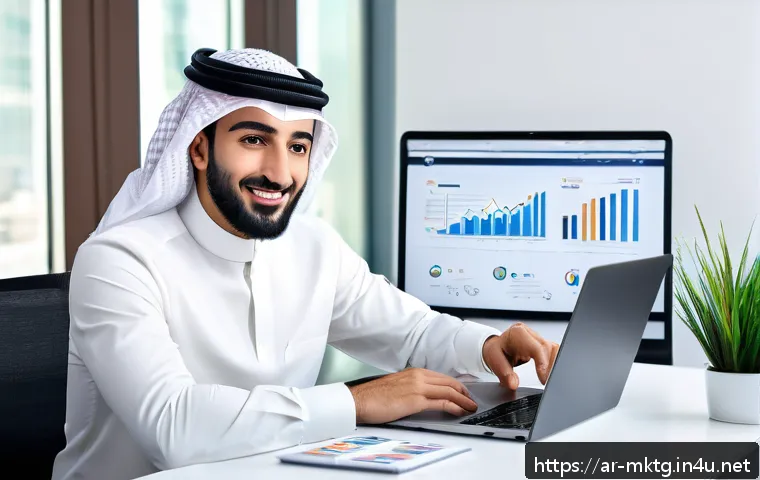 마케팅관리사 자격증과 관련된 대학 전공 - A modern digital marketing workspace in an Arabic-speaking environment, featuring a young profession...