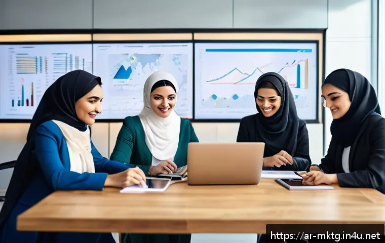 마케팅관리사 시험 준비 전 꼭 알아야 할 사항 - A modern office scene showing a diverse Middle Eastern marketing team collaborating around a large w...