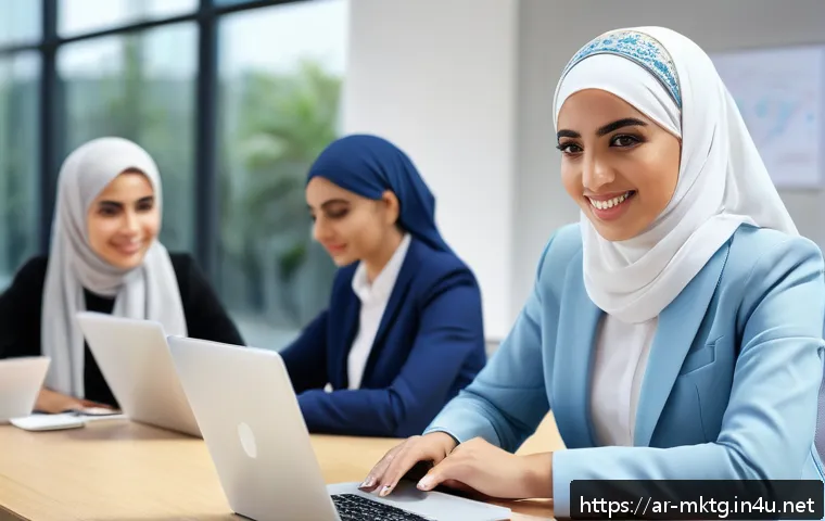 마케팅관리사 관련 정부 지원 혜택 - A professional Middle Eastern woman in her late 20s attending a modern marketing training session in...