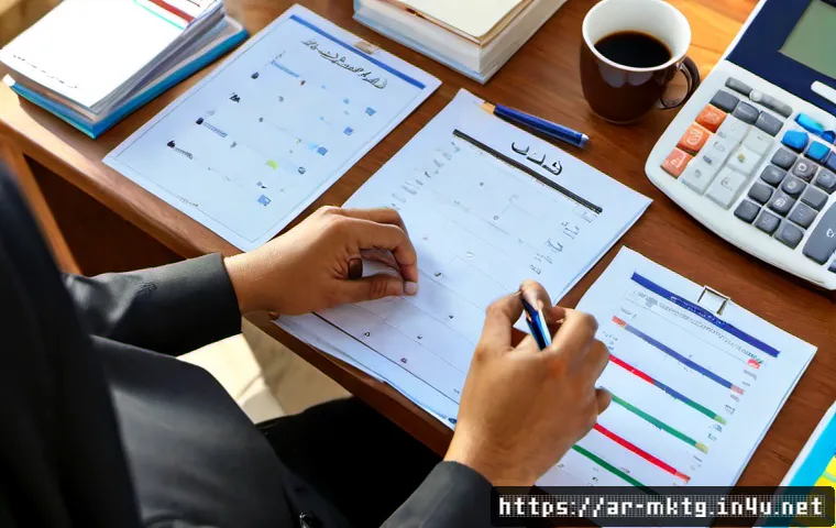 Home 17 마케팅관리사 시험 대비 시험지 분석법 - Photorealistic overhead view of an Arab marketing certification candidate analyzing a practice exam ...
