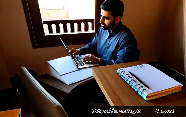 마케팅관리사 시험 일정 및 접수 방법 - Photorealistic Arab young professional seated at a tidy home-office desk, using a laptop to register...